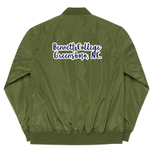 Load image into Gallery viewer, Been to the City Premium recycled Bomber Jacket.  Bennett College in Navy Embroidered Lettering
